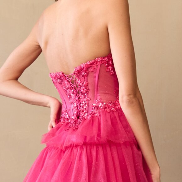 New Strapless Long Ruffled Prom Dress w/ Sheer Embroidered Boned Bodice AC 9053 - Picture 6 of 10